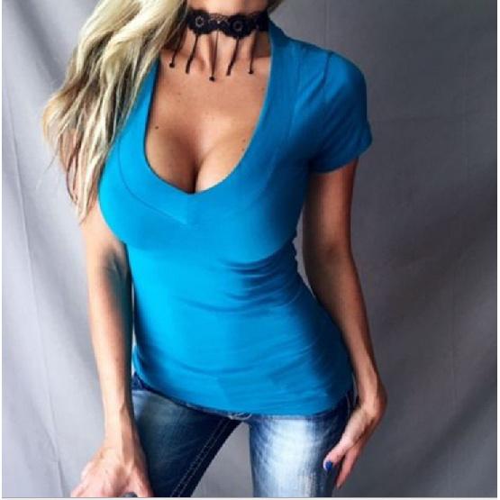 Spring Summer Autumn Solid Color Short Sleeved V-Neck Simple T-Shirt Slim Fit Sexy Temperament Fashionable Top Women'S Clothing