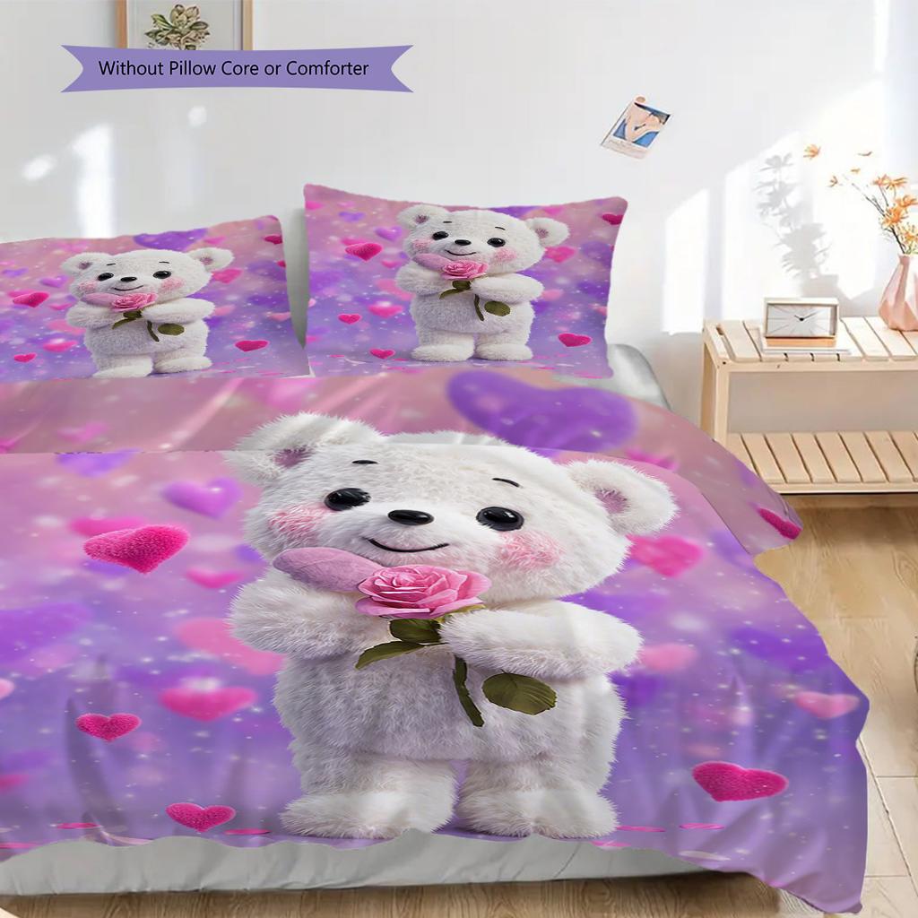 Bear Doll Pattern Bedding Quilt Set Quilt Cover Pillowcase Home Decoration Birthday Gift (1 * duvet cover + 2 * pillowcase, without core)