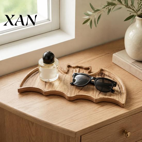 Festive Party Supplies Bat-Shaped Wooden Serving Tray, Halloween Theme Snack Dessert Platter, Occult Ornaments Decorative Storage Plate for