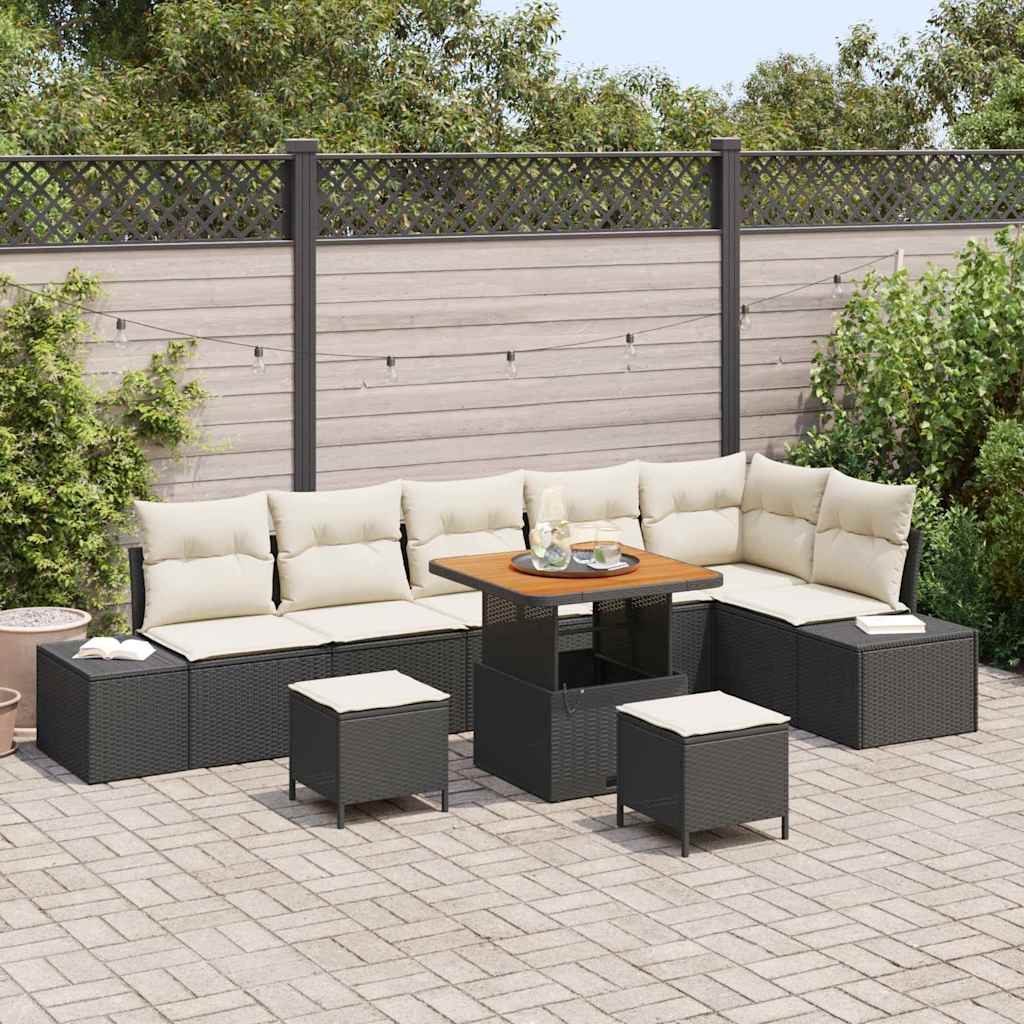 9 Piece Garden Sofa Set with Cushions Black Poly Rattan