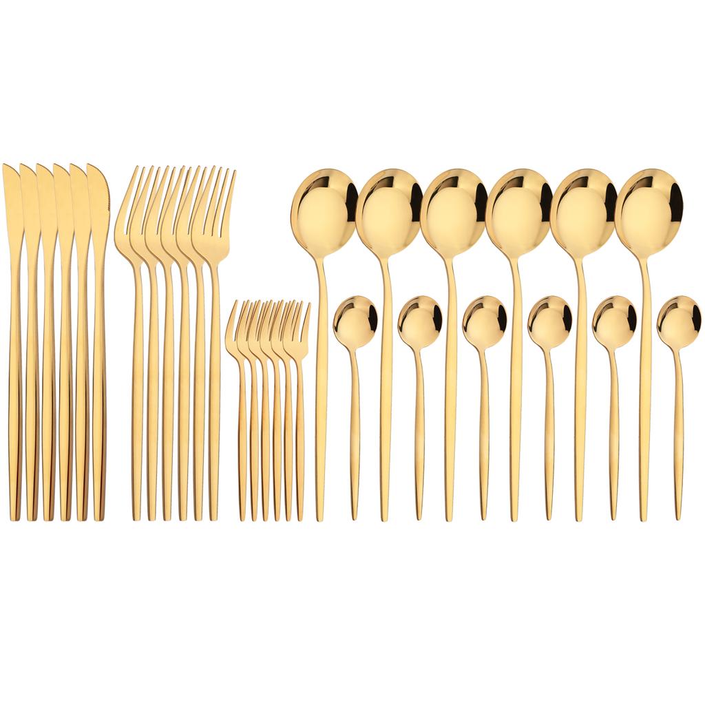 30Pcs Red Gold Dinnerware Set Western Stainless Steel Cutlery Knife Cake Forks Tea Spoon Flatware Silverware Kitchen Tableware