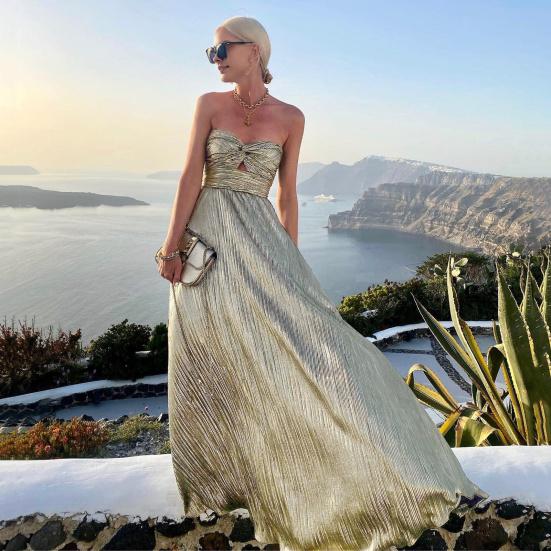 Women Evening Off Shoulder Backless Sleeveless Bronzing Bandeau Out High Waist Pleated Prom Party Banquet Maxi