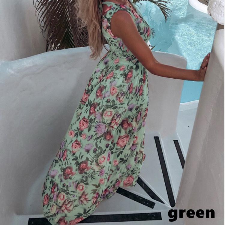 Женское платье в стиле бохо, длинная юбка с цветочным принтом и глубоким V-образным вырезом, летнее пляжное вечернее платье, сарафан без рукавов, длинное платье с разрезом