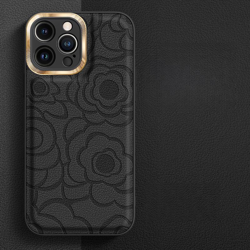 Advanced Sense Applicable To IPhone16ProMax Mobile Phone Case Camellia Leather Pattern Apple 15 Hardware Ring Protective Case 13