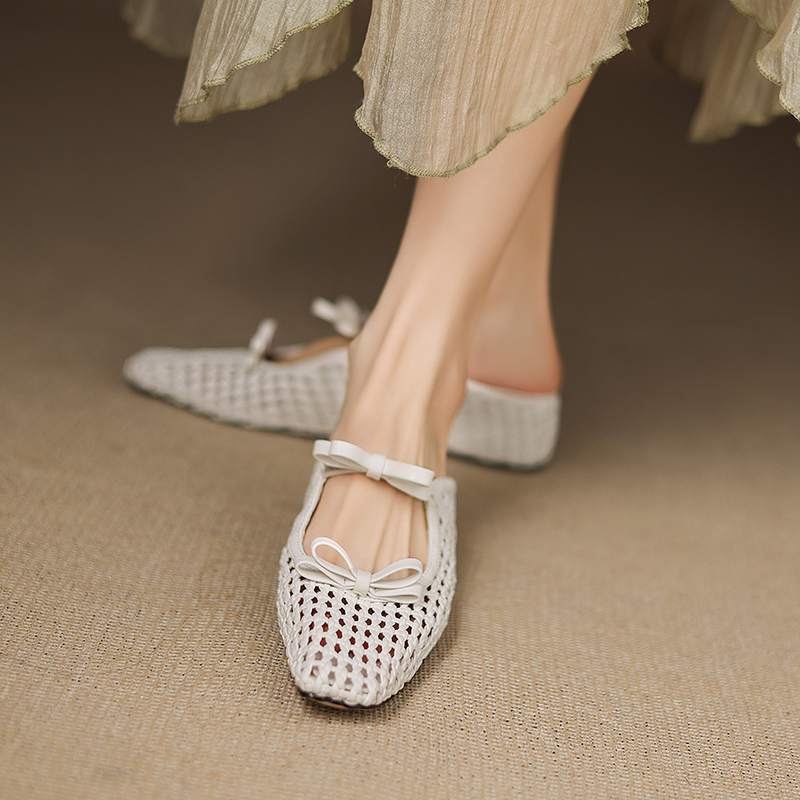 Krazing Pot Straw Weaving Mules Summer Size 42 Bowtie Gold Silver Color Thick Low Heels Women Women Square Toe Sandals