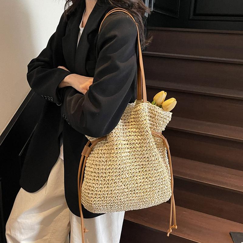 Yogodlns Женская соломенная сумка подмышкой, однотонная плиссированная сумка, большая вместимость, модная сумка на плечо, дорожная сумка для покупок, пляжная сумка