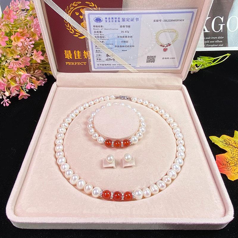 Natural Freshwater Pearl Necklace Green Chalcedony Pendant Genuine Pearl Jewelry Set Geometric Design Office/career Style