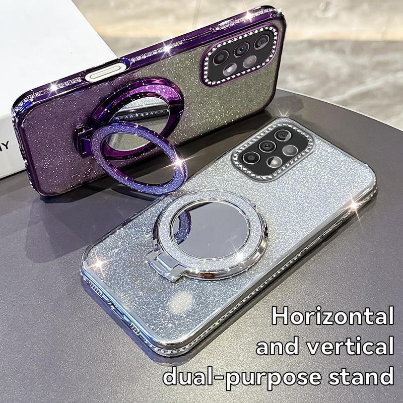 KEYSION Luxury Glitter Jewelled Magnetic Phone Case for Samsung Galaxy A52 S 5G A32 4G Makeup Mirror Stand Shockproof Back Cover