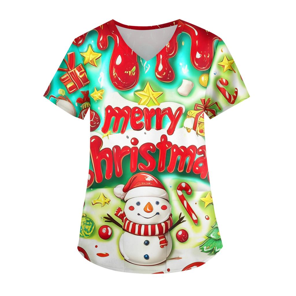 Ladies' Christmas Printed Fashionable V-neck Pocket Short Sleeved Uniform And Caregiver Top