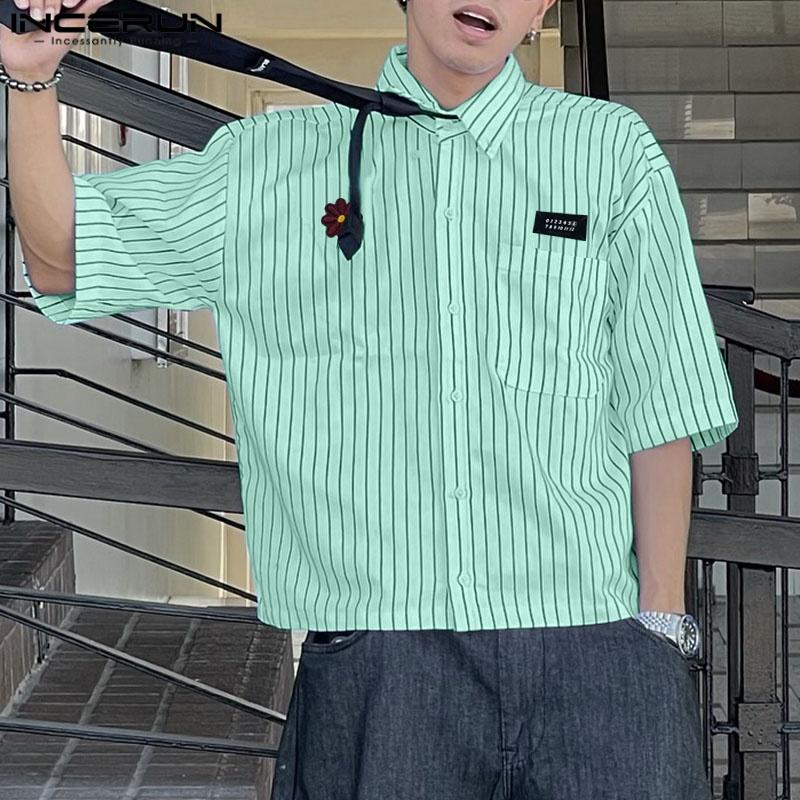 INCERUN Большие летние мужские повседневные рубашки с отворотом и коротким рукавом с вышивкой и цветочным принтом в полоску