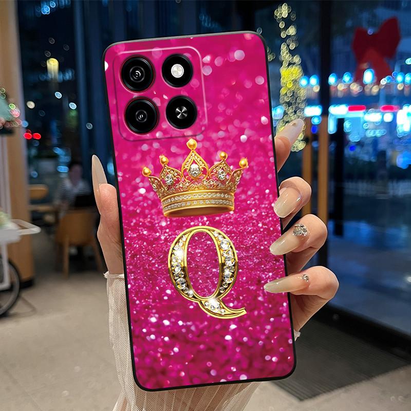 Cool Lucky A-Z Letter Phone Case For ZTE Blade A35/A55 Soft Silicone Black Case Shockproof Luxurious Glitter Crown Shell