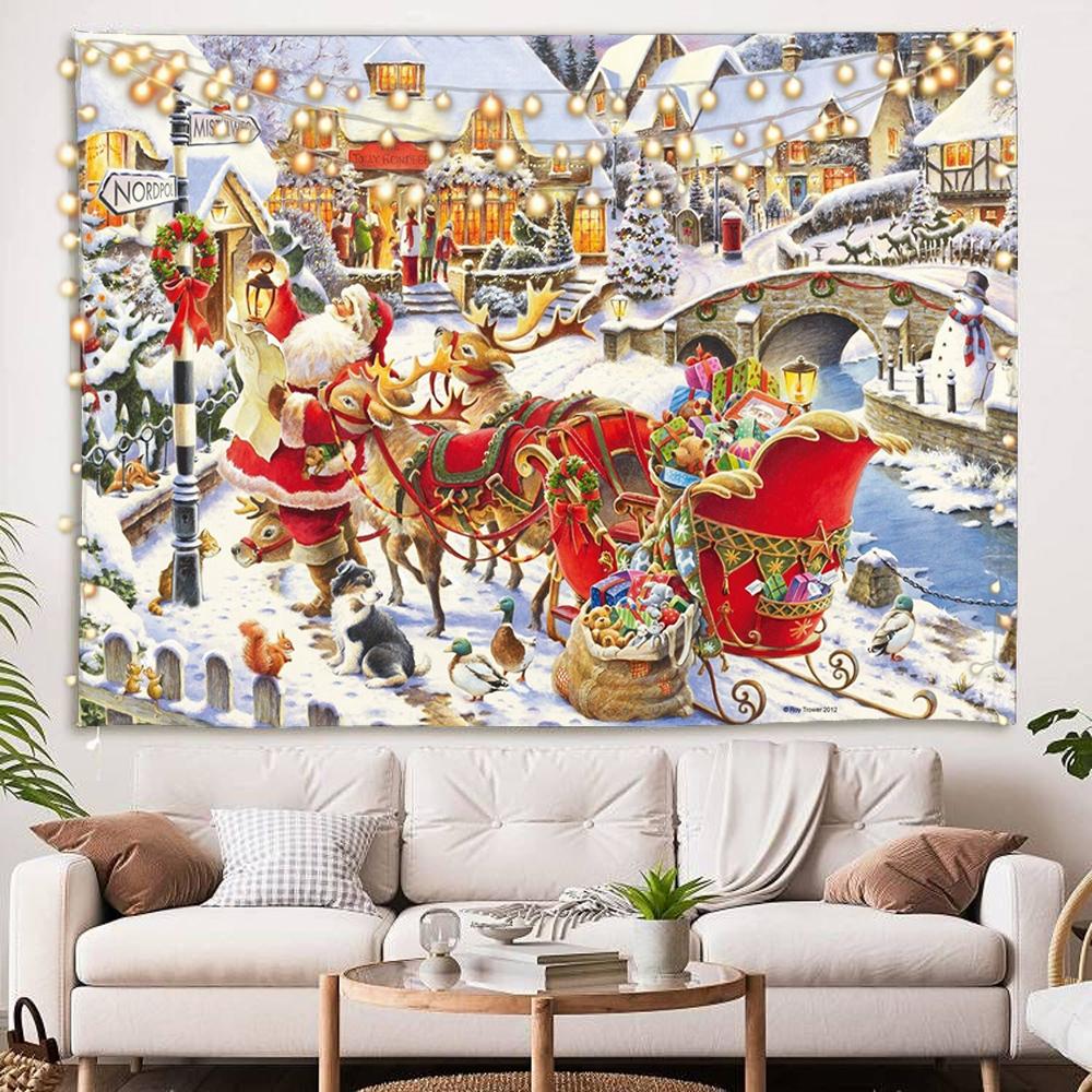 Home Decoration Happy Christmas Scene Christmas Tree Fireplace Candle Tapestry Bedroom Living Room Dormitory Wall Decoration