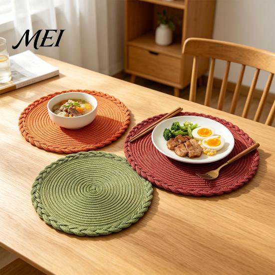 Cotton Yarn Placemat 12 Inch Round Placemats, Polyester Woven Braided Place Mats, Semi-handmade Washable Heat Resistant Circle Dining Table