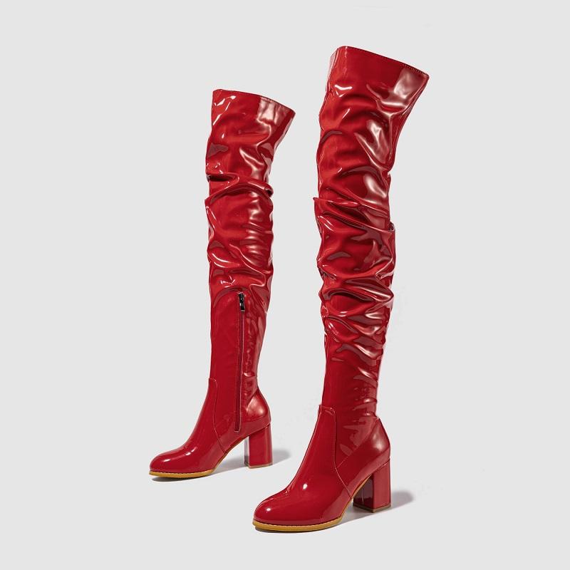 Eilyken Winter Patent Leather Women Over-the-knee Boots Fashion Nightclub Round Toe Zip Booties Square High Heels Ladies Shoes