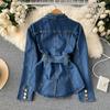 Осенняя новая корейская версия двубортной джинсовой куртки с тонким поясом на талии и краем листа лотоса с v-образным вырезом