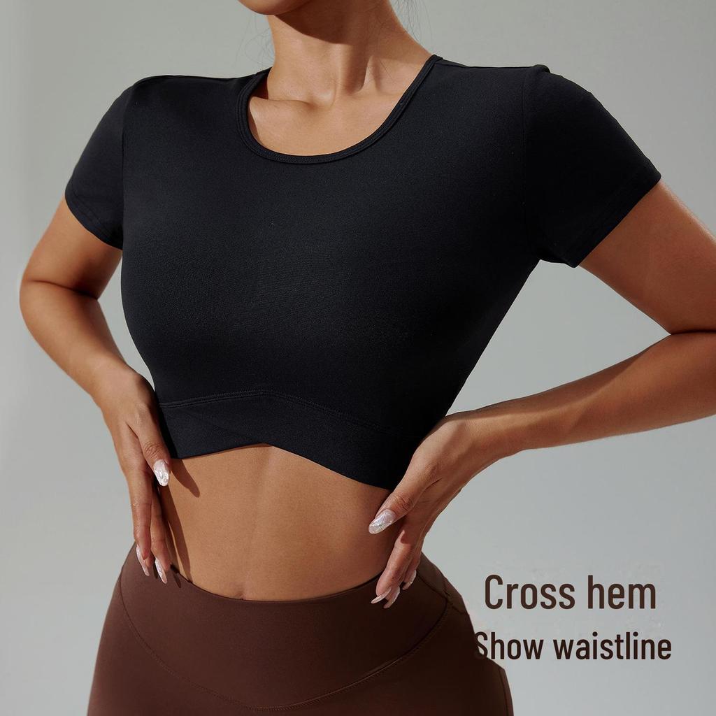 Женский летний укороченный топ для йоги — сексуальный, высокоэластичный, дышащий, с круглым вырезом и коротким рукавом, футболка для фитнеса