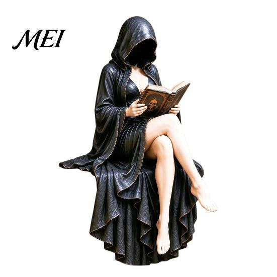 Detailed Hooded Figure Decor Gothic Reader Statue, Skeleton Resin Figurine, Sitting Book Statue Dark Academy Home for Bookshelf, Desk Library