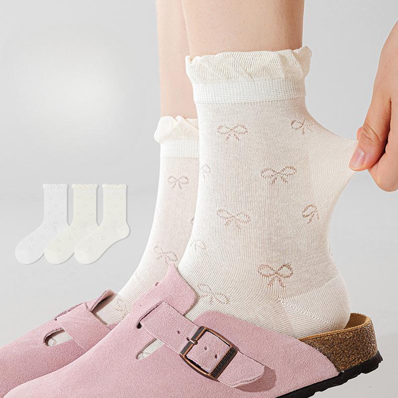 Summer Bow Hollowed-out Mesh Socks for Girls, Lace for Girls, Pile Socks, Thin Cotton Socks for Women