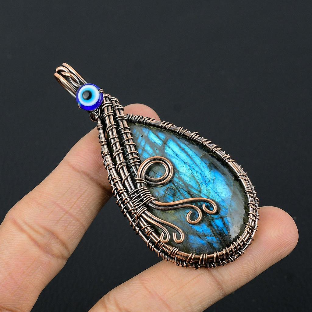 Labradorite Pendant, Handmade Gemstone 999 Copper Wire Wrapped Evil Eye Pendant Antique Jewelry, For Gift Silver Jewelry