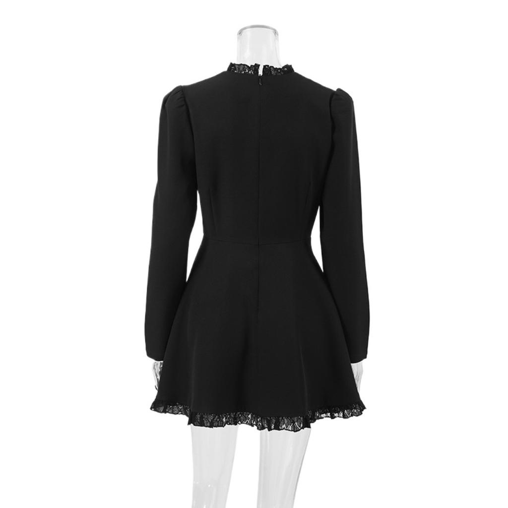 LYRIA Ruffles Stand Collar Dress Women Black Long Sleeve Single Breasted Mini Dresses Ladies New Prom Robes