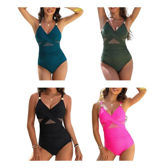 Женский монокини с глубоким V-образным вырезом без рукавов сетчатый купальник с эффектом сращивания живота, полностью закрывающий купальный костюм