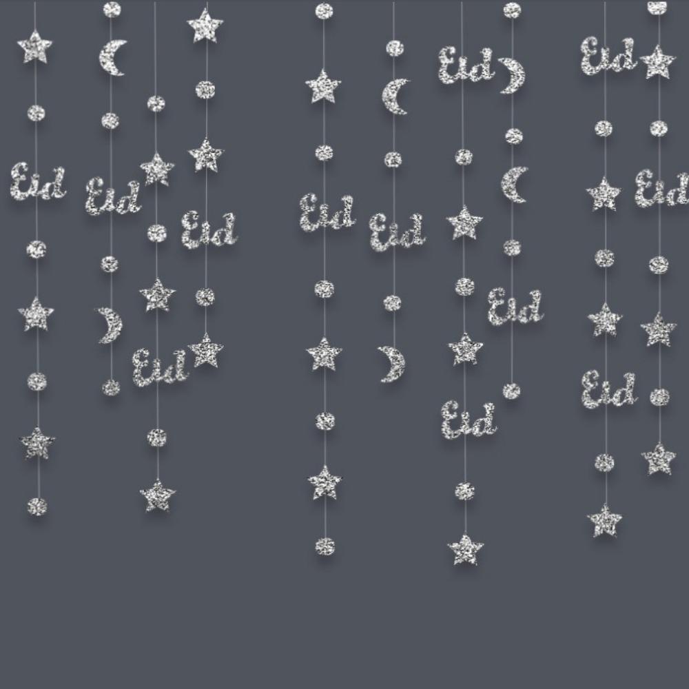 Gold Silver Eid Mubarak Banners DIY Paper Glitter Paper Ramadan Kareem Decor Pull Flag Ceiling Hanging Star Moon Lantern