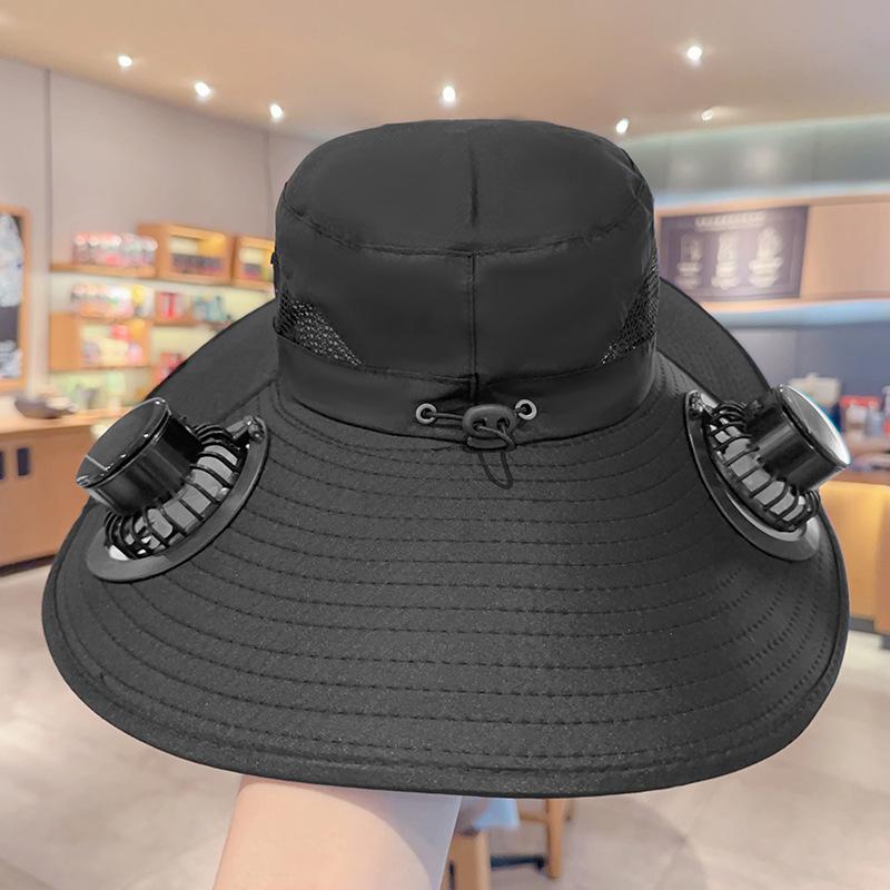 Rechargeable Solar Fan Hat - Adjustable Wide Brim (60cm) Fishing Cap with Dual Cooling Fans & UV Protection Outdoor Bucket Hat