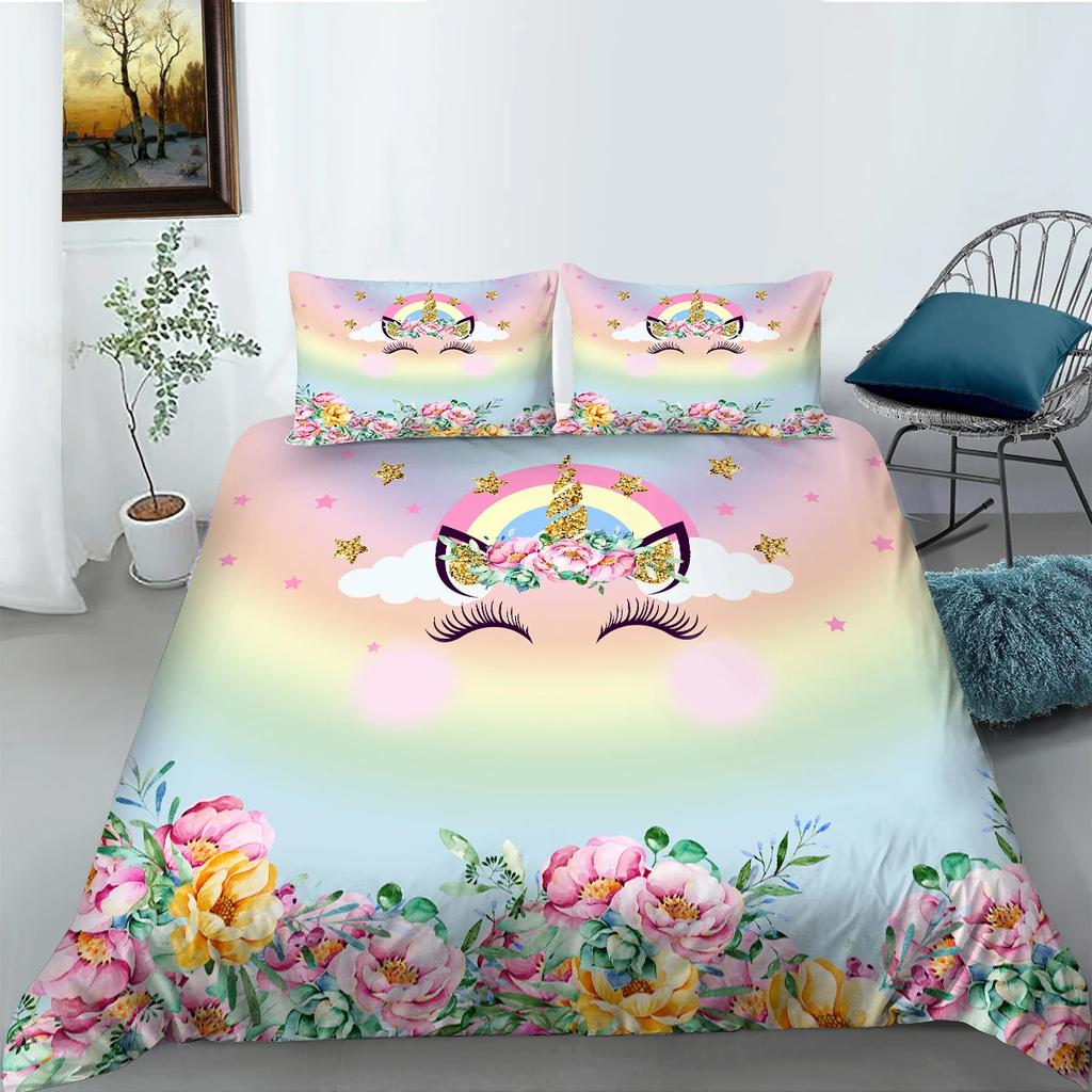 Pink Unicorn Flowers Duvet Cover Set King Queen Double Size Polyester Comforter Cover With Pillowcase For Kids Girls Bedding Set