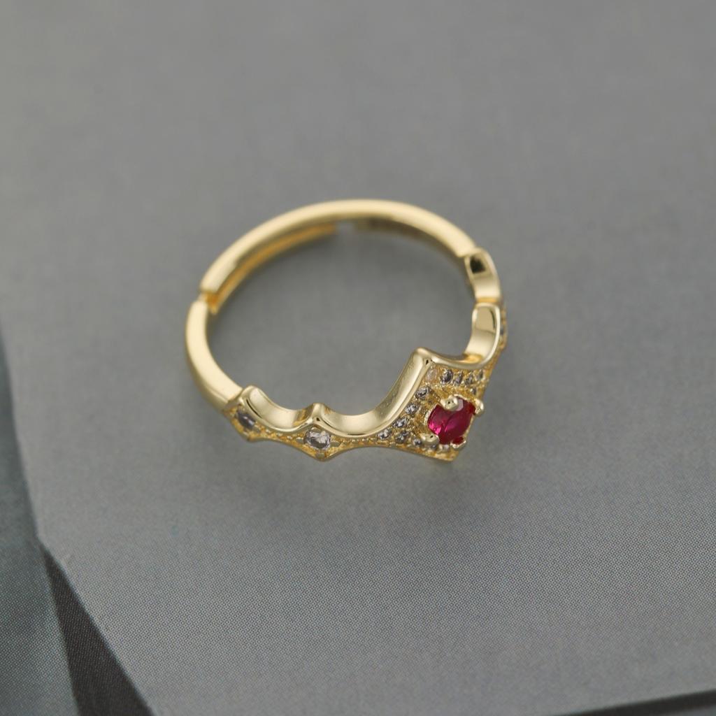 Bohemia 18K Gold Plated Open Brass Ring for Women Retro Sexy Red Cubic Zirconia Light Luxury Rhombus Dense Inlay Transparent CZ Daily Wear Jewelry