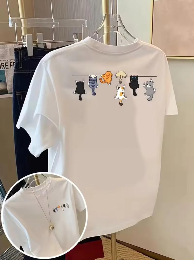 Cat Rope Cartoon Cats Print T-shirts Short Sleeve Casual Top for Summer Women's Clothing T-Shirt Men's Clothing T Shirt