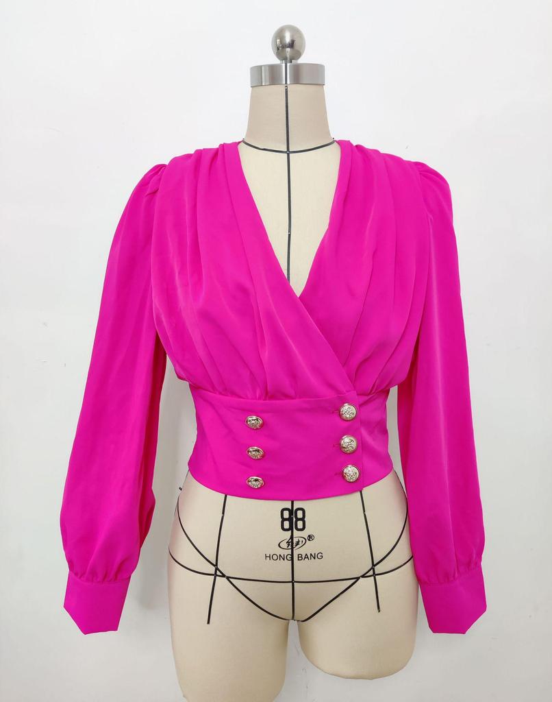 Женская сексуальная рубашка с V-образным вырезом, длинными рукавами-буфами, однотонная, короткая