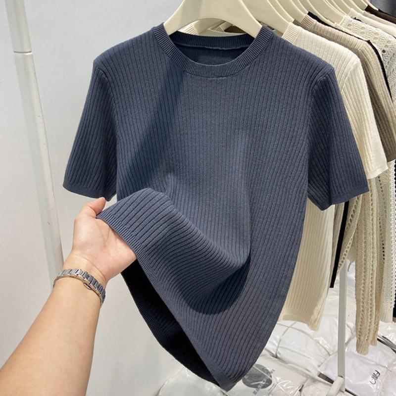 Женские свитера, пуловеры 2025 Лето Короткий рукав О-образный вырез Черный Повседневный вязаный свитер Женские топы Пуловер JJ236