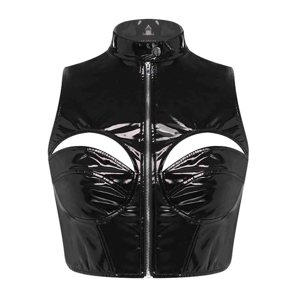 Women PU Leather Crop Top Funny Hollow Out Mock Neck Sleeveless Front Zipper Vest Tank Top