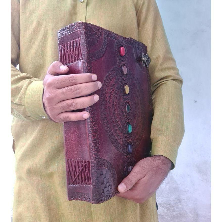 Fat Leather Journal 600 Pages, Large Seven Stone Leather Notebook Blank Handmade Book, Sketchbook Christmas Gift Dream Journal, Grimoire