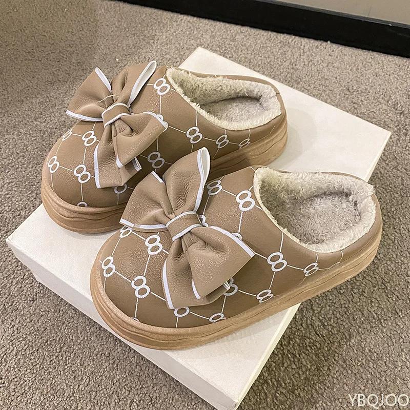 Модная зимняя женская хлопковая обувь Новые домашние хлопковые туфли Теплые с бантом Домашние милые тапочки Нескользящая толстая подошва бархатные тапочки Mujer Zapatos