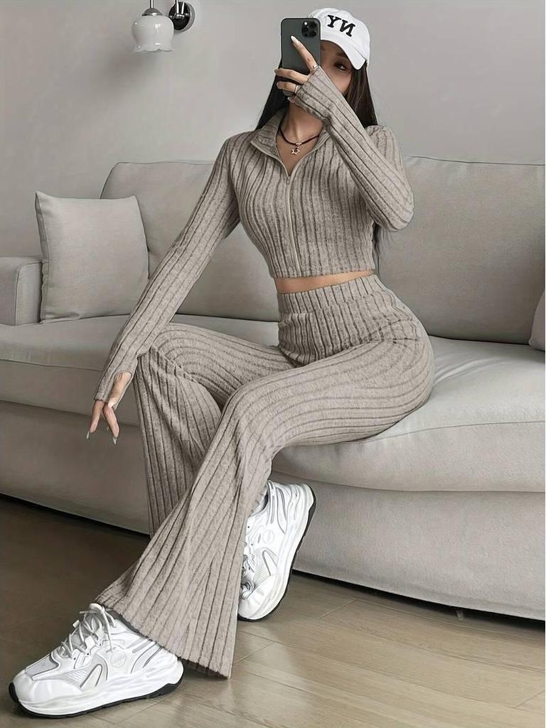 Women's Casual Ribbed Solid Color Two-Piece Set: Zipper Long Sleeve Cropped Top & High Waist Flared Pants