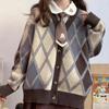 Autumn Retro V Neck Casual Loose Knitted Cardigan Coat Women Fashion Winter Argyle Chic Cardigans Female Sweaters Outwear Warm Plaid Knitwears 24816