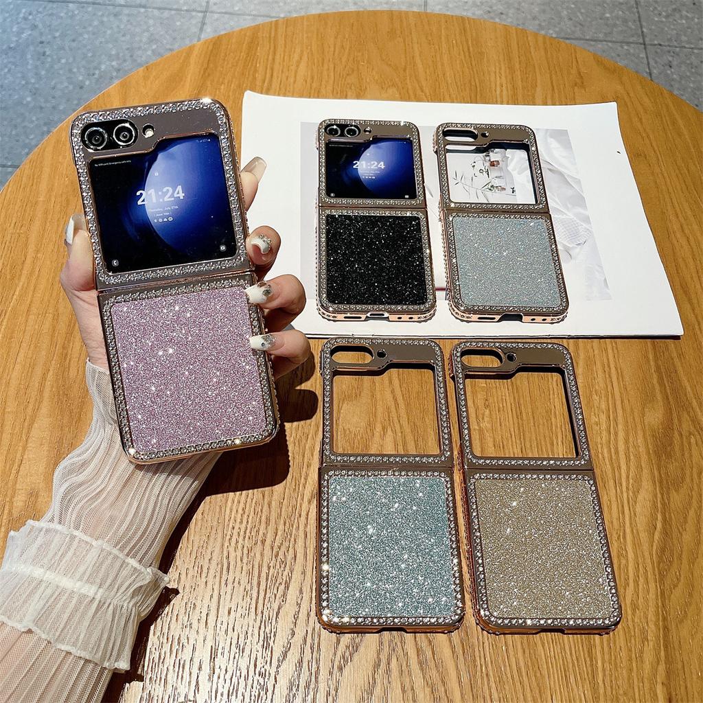 Новый чехол для мобильного телефона Samsung ZFlip6 с гальваническим покрытием и эффектом вспышки, подходит для Zflip5, модный женский чехол с бриллиантами и эффектом вспышки, два в одном