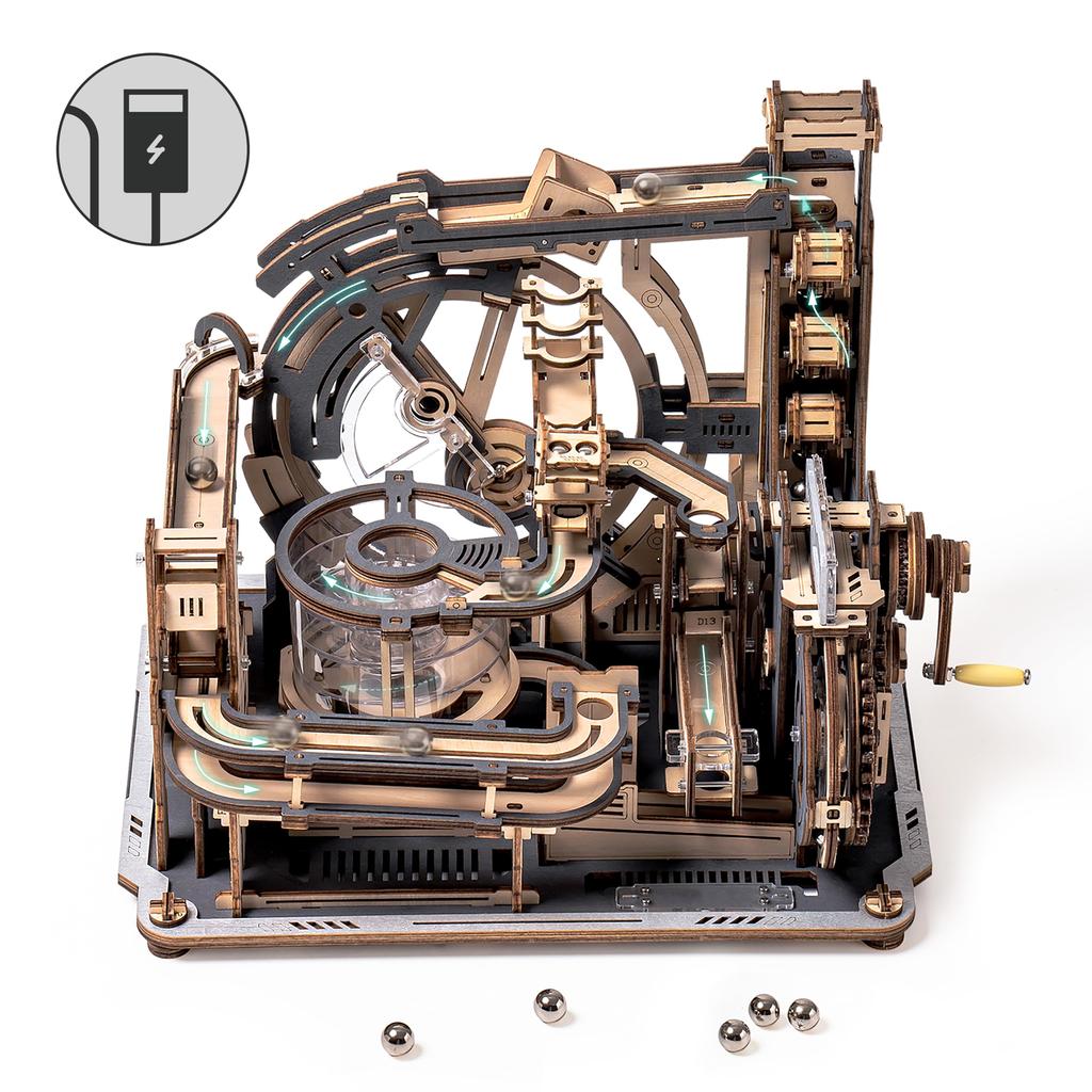 ROKR 3D Puzzle Electric Marble Run Spaceport Movable Model Multi-Play Mechanical Wooden 3D Wooden Puzzle Craft Kit DIY Craft Assembling Kill Time