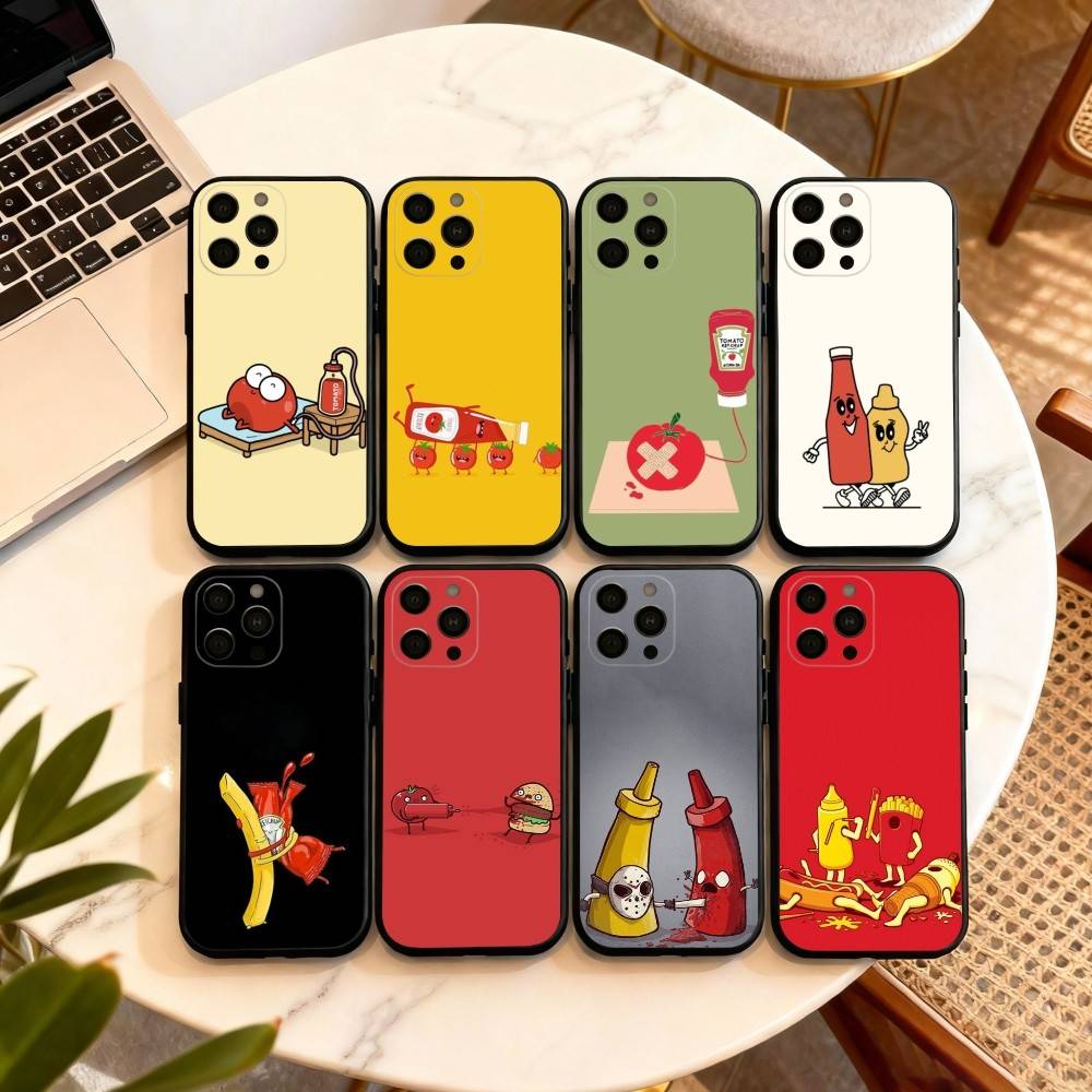 Чехол для телефона ART с рисунком томатного кетчупа и горчицы Для iPhone 17,16,15,14,13,12,11 Plus,Pro Max,XS,Мягкий силиконовый черный чехол