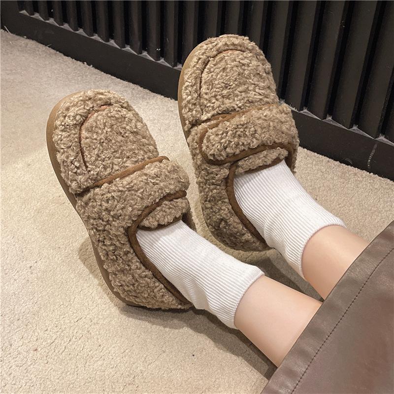 Модные зимние теплые меховые туфли для женщин, плюшевые домашние туфли, пушистые туфли из искусственного меха для дома и улицы, пушистые домашние гладкие тапочки