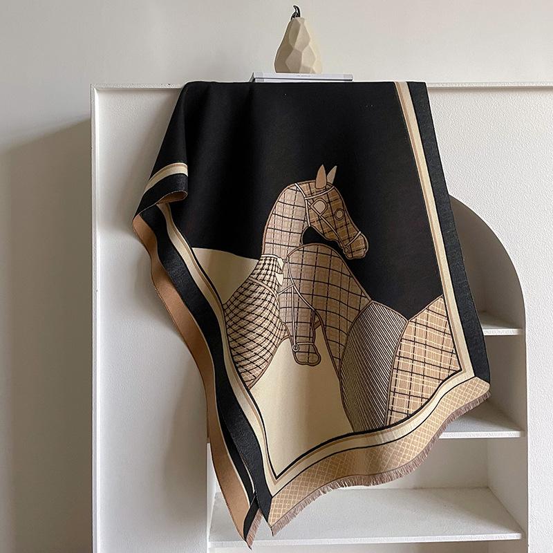 Vibrant Orange British Style Horse Pattern Scarf - Soft, Thick, Warm, and Oversized Wrap for Women - Perfect Winter Accessory