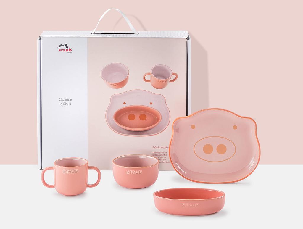 Staub Baby Kids Tableware 4 шт. Набор розовых тарелок, мисок, кружек, японская керамическая посуда STAUB Baby Kids "Ceramic & Pig" для детей [Авторизованный продукт] и