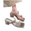 High-heeled sandals for women's outer wear summer new rhinestone bow with women's thick-heeled cool slippers