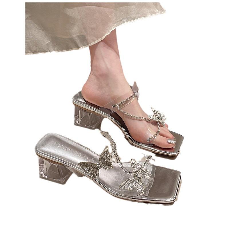 High-heeled sandals for women's outer wear summer new rhinestone bow with women's thick-heeled cool slippers