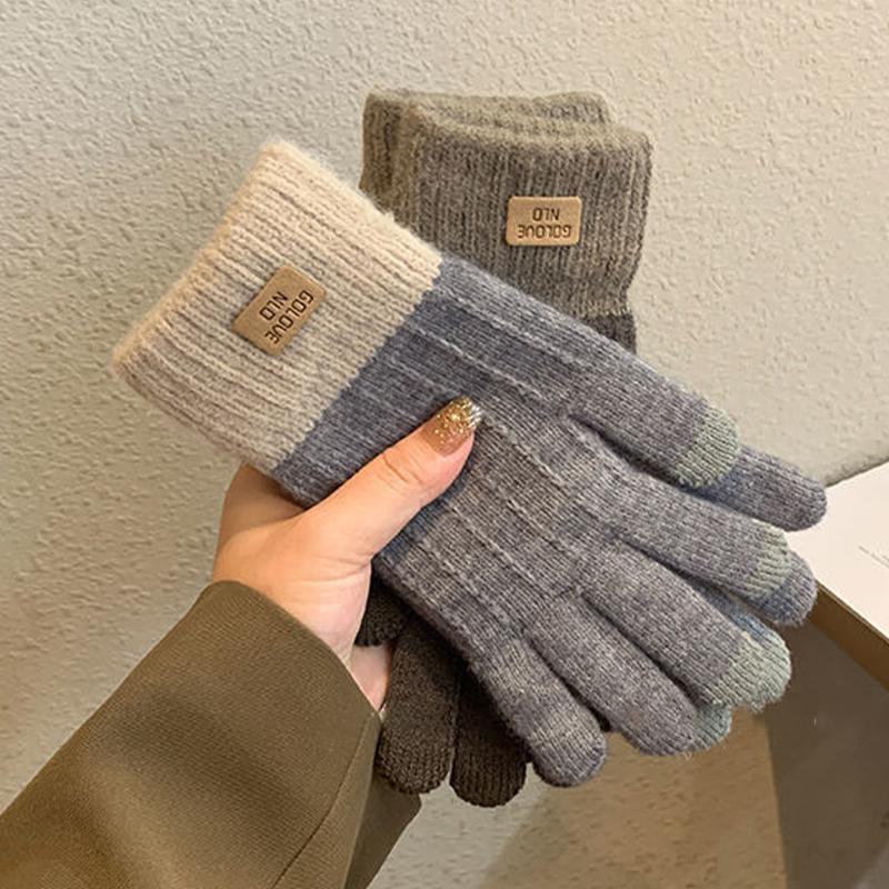 Вязаные байкерские перчатки с кожаной этикеткой, зимние уличные перчатки с полным пальцем для женщин