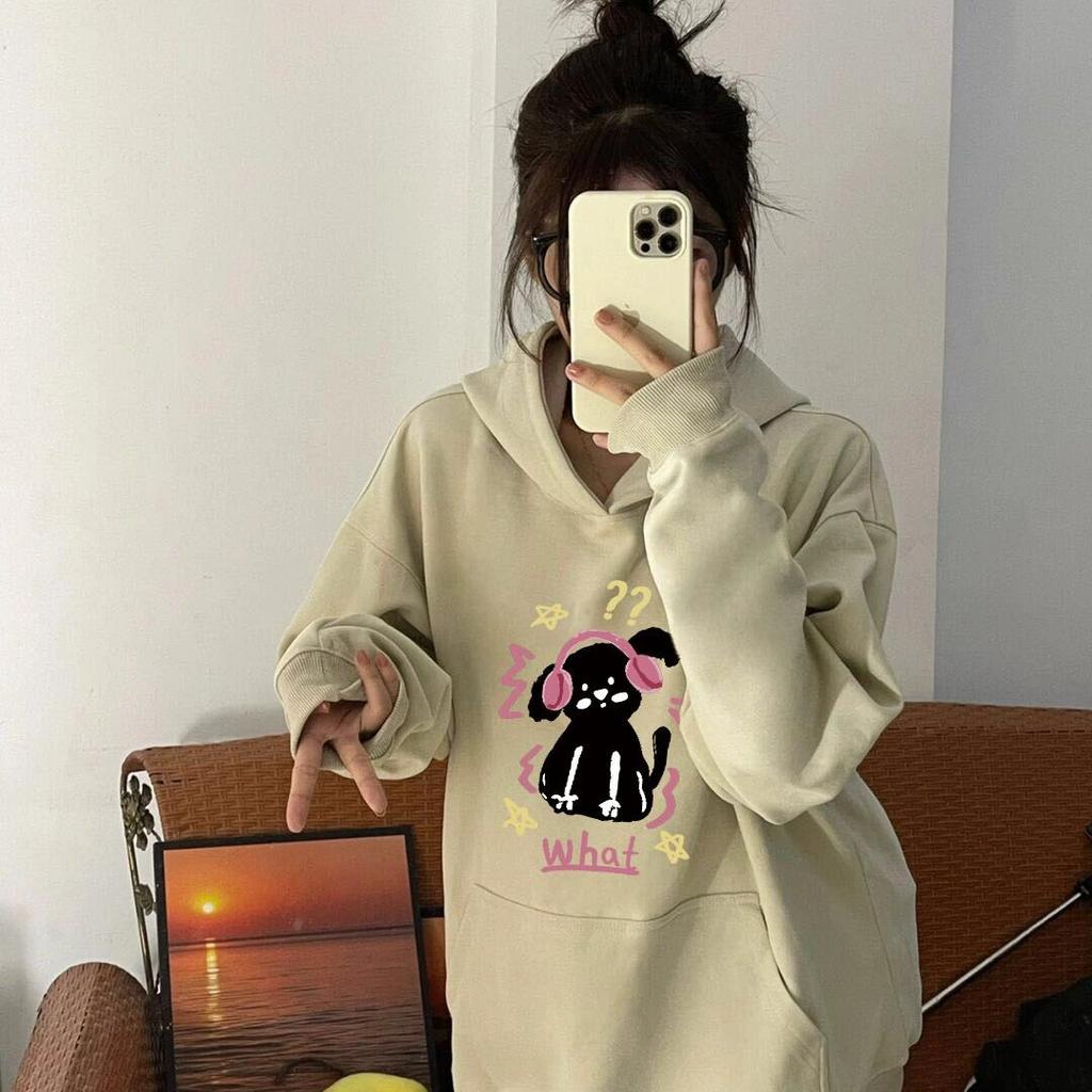 300KW cotton composite sweater for women, autumn new loose medium and long cartoon kitten print top trendy