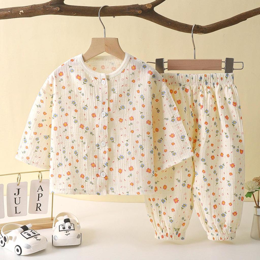 Children's Cotton Gauze Pajamas Set - Summer Long-Sleeve with Lantern Pants