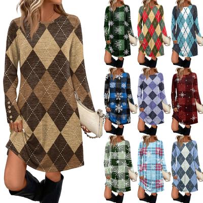 Женское модное повседневное платье с карманами, декоративными пуговицами, круглым вырезом и длинными рукавами