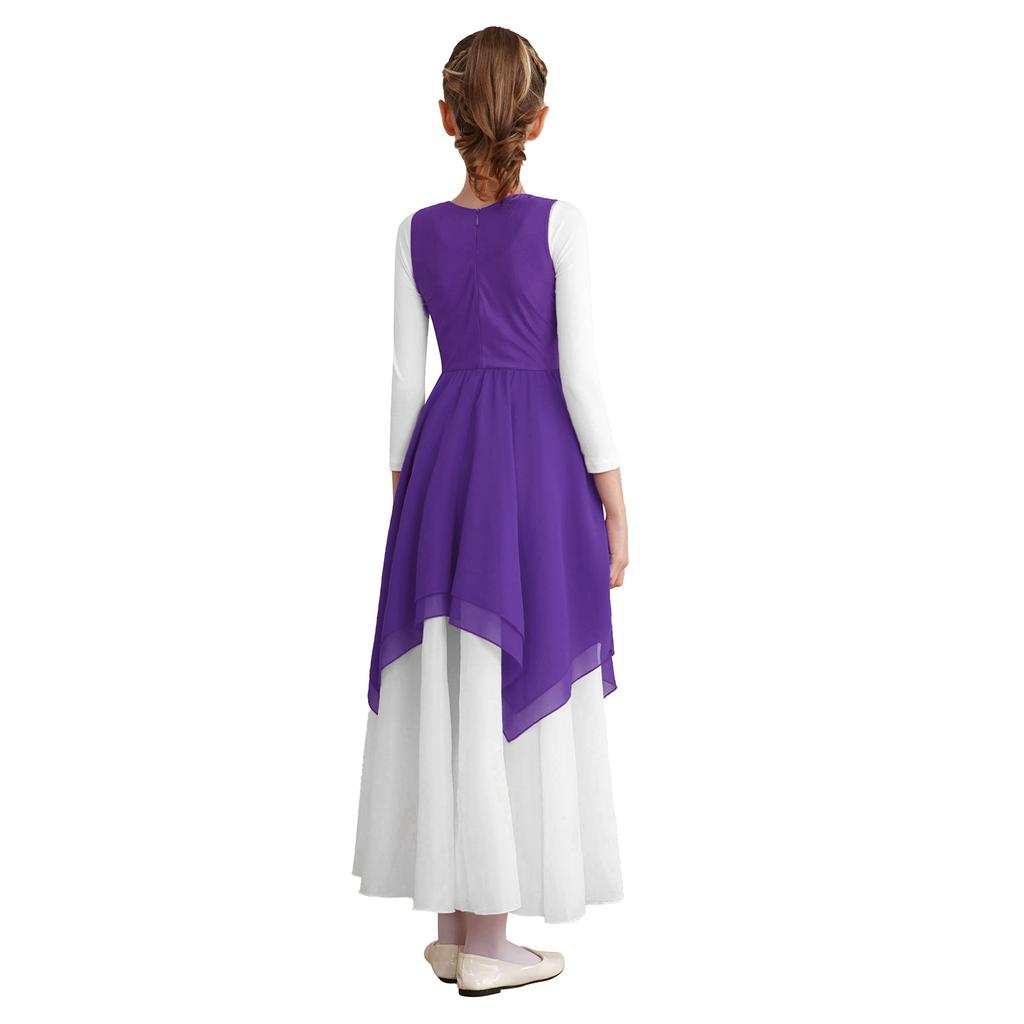 Girls Worship Liturgical Celebration Costume Color Block Sleeveless Asymmetric Hem Lyrical Dance Dress
